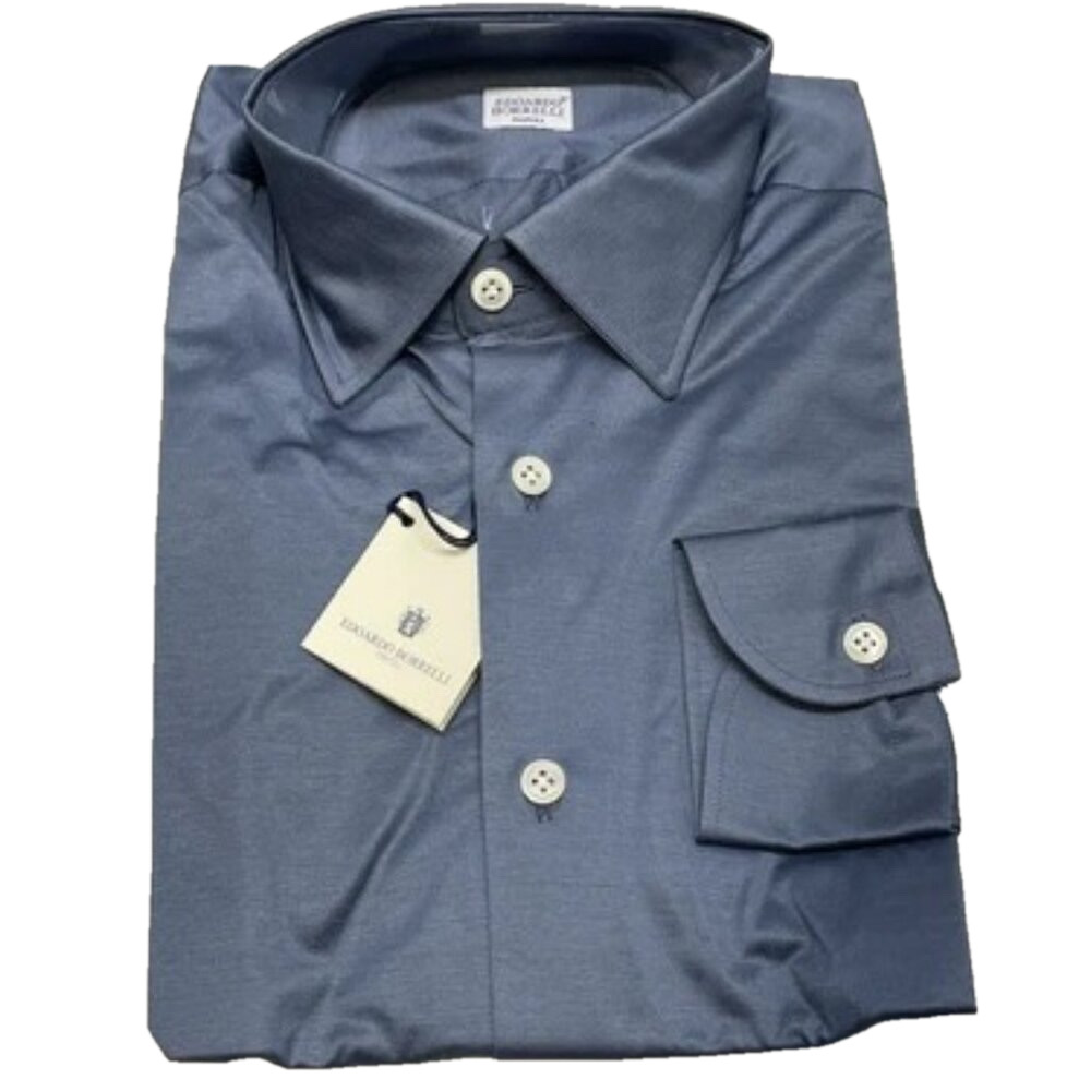NEW EDOARDO BORRELLI Men's Button Up Long Sleeve Cotton Shirt Size 15 3/4 Blue